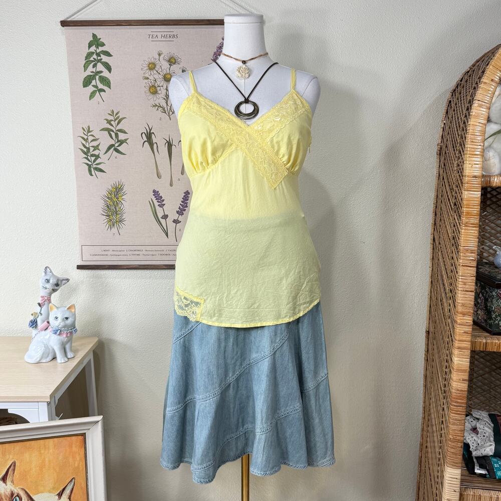 90s Y2k Yellow Lace Babydoll Cotton Cami Top Boho Hippie Coastal Cowgirl Fairy L